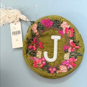 Anthropologie Olive Floral Embellished Pouch